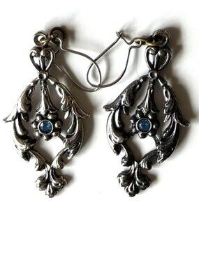 Ornate Silver Tone & Blue Crystal Earrings